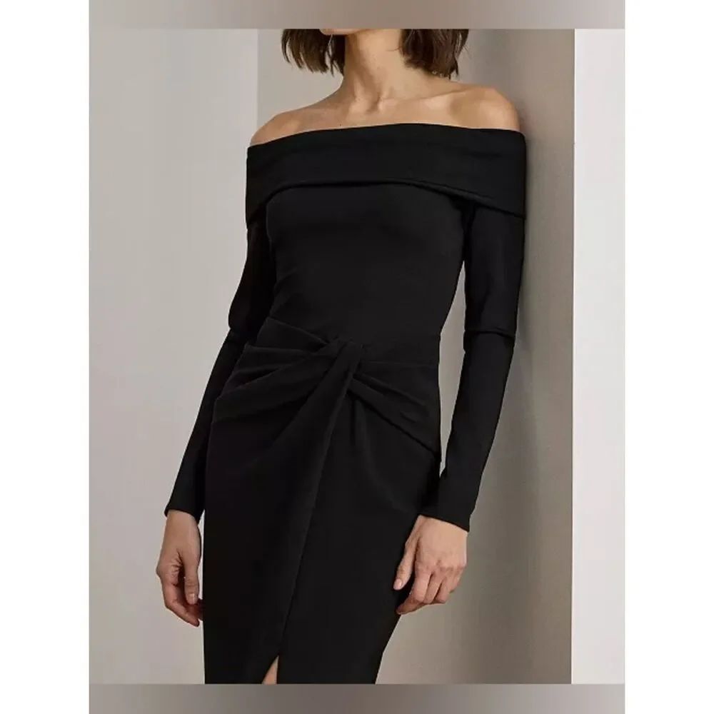 Lauren Ralph Lauren Women's Rib-Knit Off-The-Shoulder Gown Black Dress Size 10 - Picture 5 of 10
